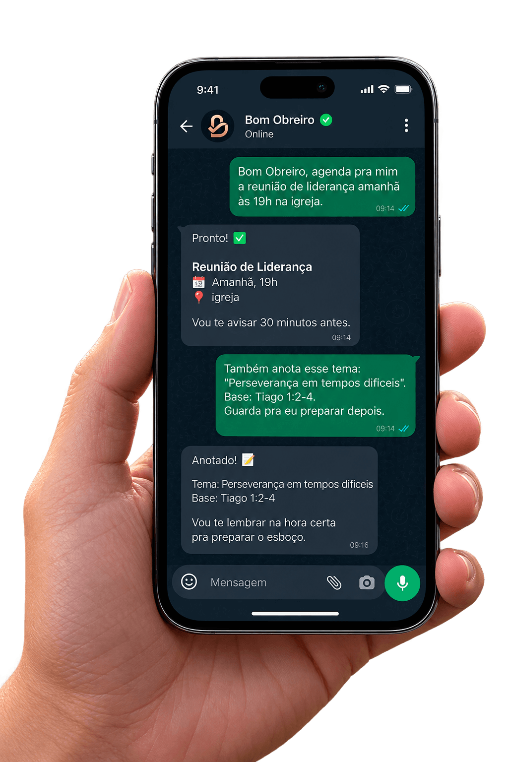 Celular mostrando uma conversa no WhatsApp com o Bom Obreiro agendando uma reunião e anotando um tema de pregação