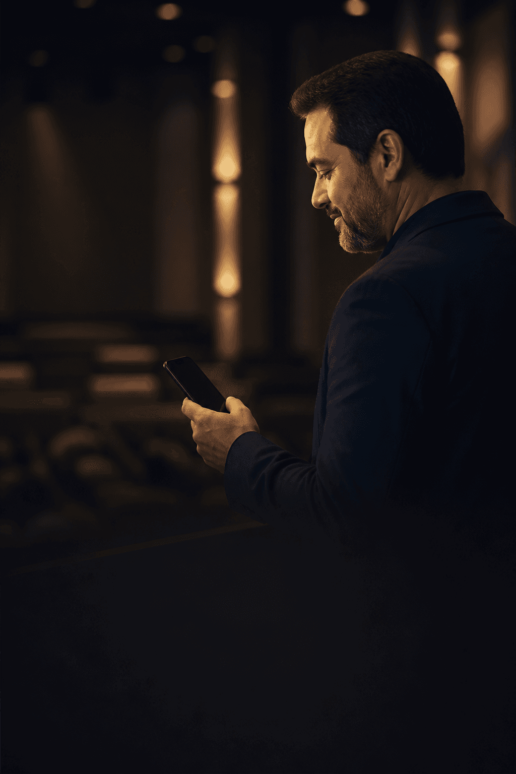 Pessoa consultando o celular em um ambiente de igreja